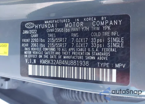 2022 Hyundai Kona Sel z USA, uszkodzony, nr VIN KM8K32AB4NU881938